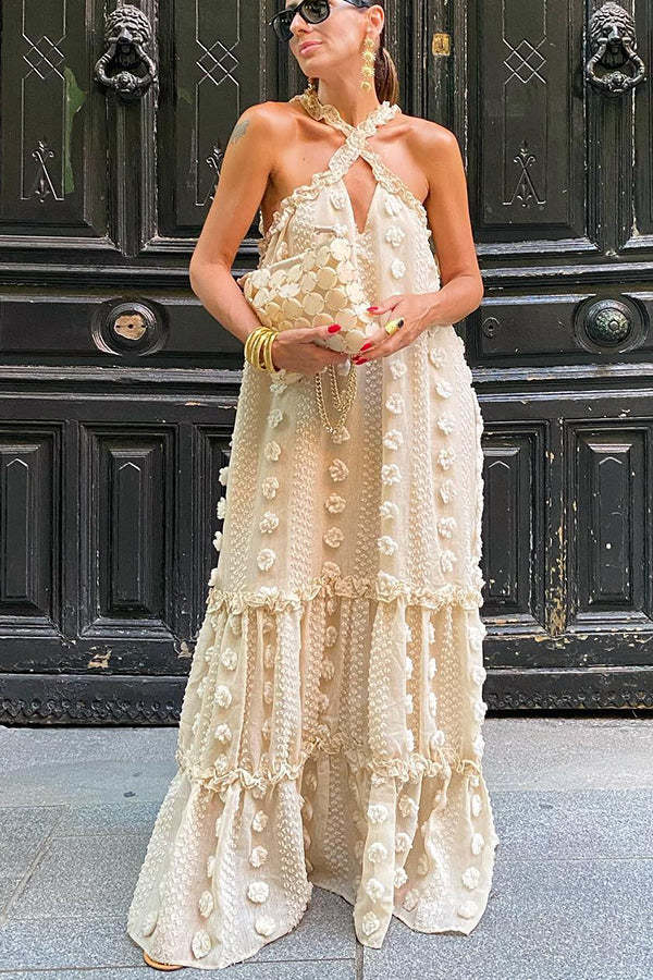 Sweet By The Sea Flower Decor Halter Party Maxi Dress-consonak