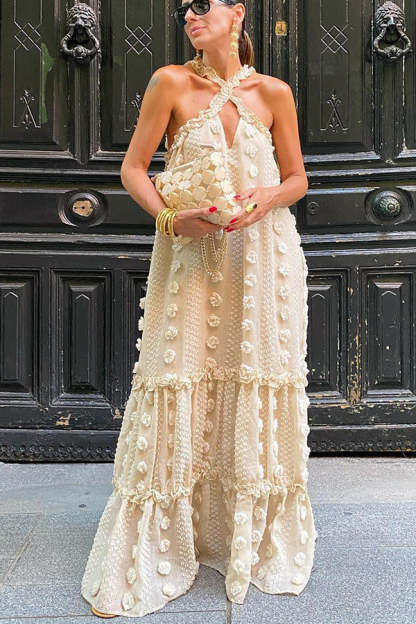 Sweet By The Sea Flower Decor Halter Party Maxi Dress-consonak