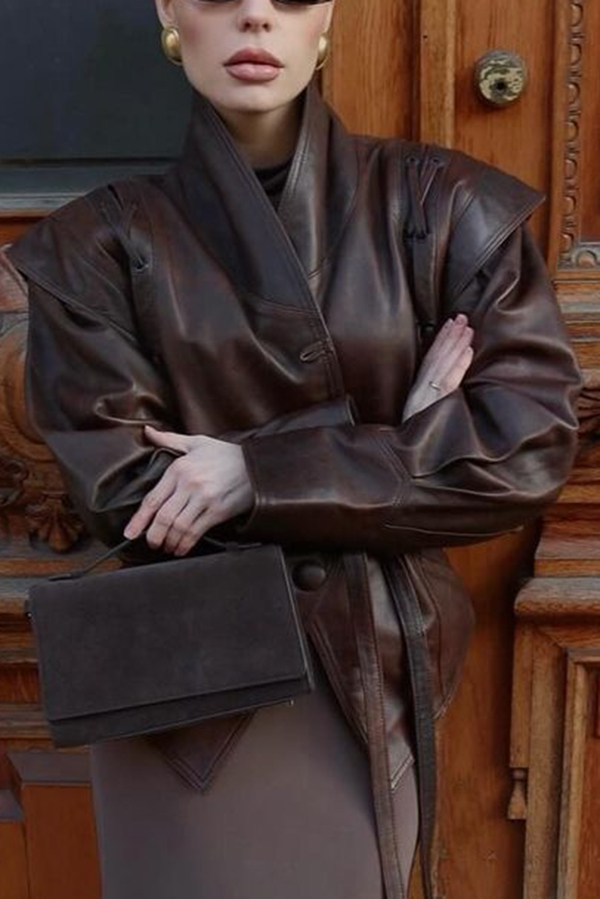 Street Warrior Faux Leather Distressed Style Lace-up Lapel Belt Oversized Jacket-consonak