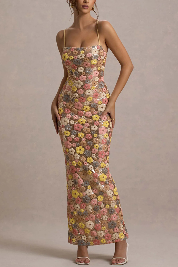 80's Inspired Floral Print Sequin Square Neck Slip Stretch Maxi Dress | Consonak
