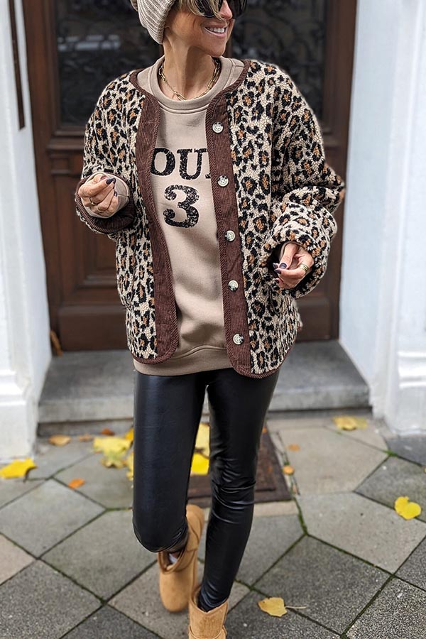 Warm Feel Colorblock Leopard Print Plush Button Up Pocketed Teddy Jacket-consonak