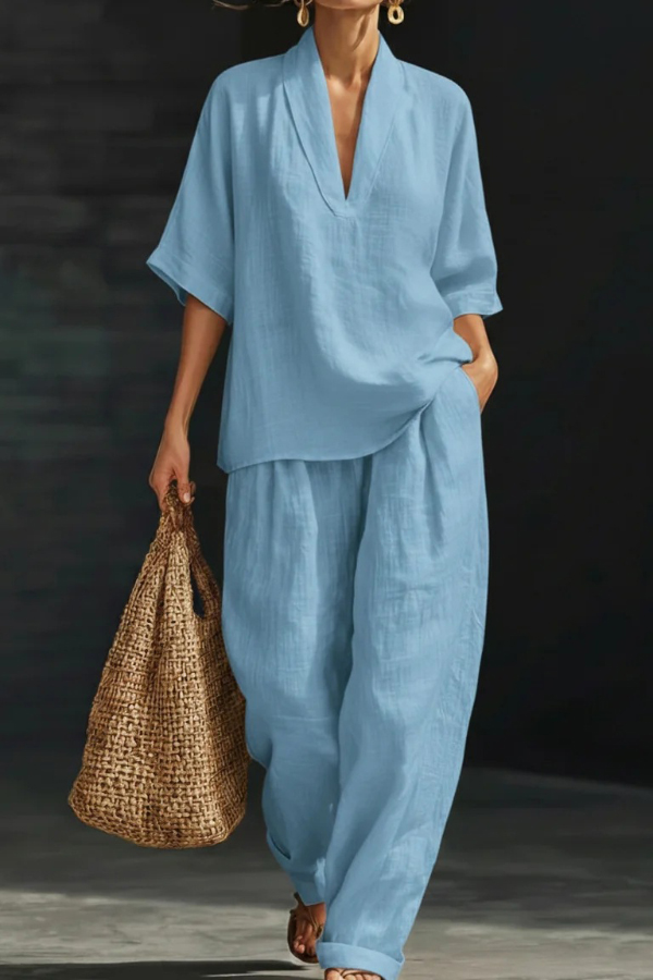 Solid Color V-neck Short-sleeved Loose Top and Casual Elastic Waist Pocket Pants Set