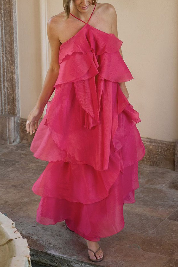 Romantic Summer Chiffon Tiered Ruffle Deep V-Back Halter A-line Maxi Design | Consonak