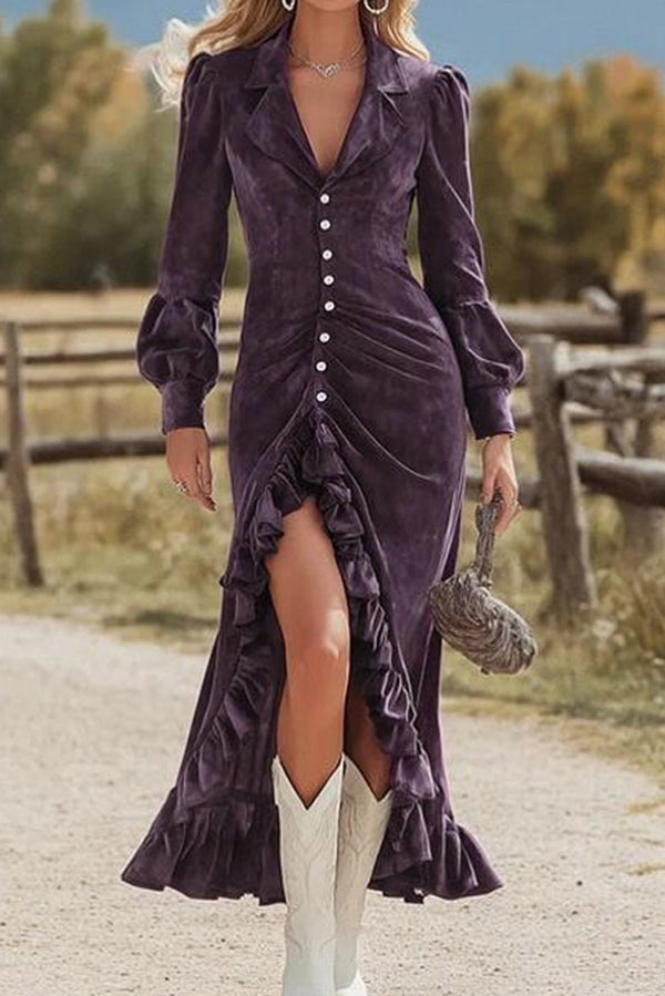 Elegant Long-sleeved Single-breasted Pleated Ruffle Midi Dress-consonak