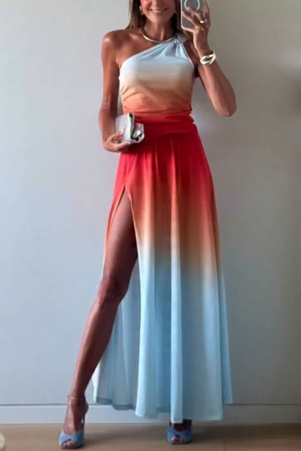 Ocean Sunset Ombré Print Starburst Brooch One Shoulder Tank and Elastic Waist Slit Maxi Skirt Set