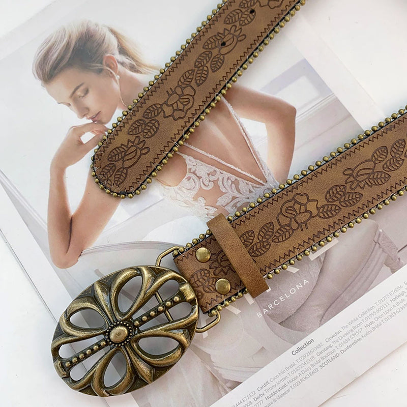 Retro Versatile Faux Leather Carved Brown Belt-consonak