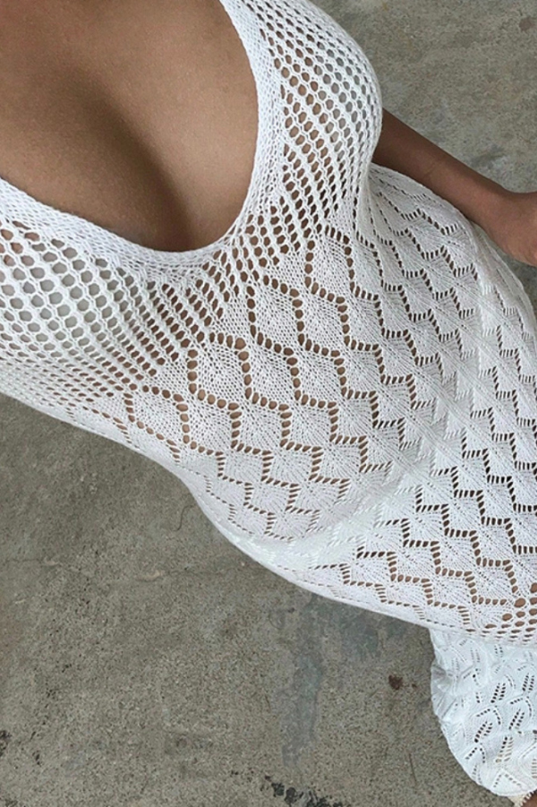 Solid Color Knitted Openwork Halter Neck Slim-fit Cover-up Maxi Dress-consonak
