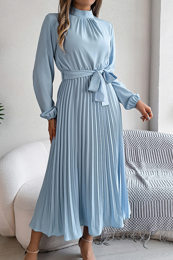 Elegant Stand-collar Long-sleeve Waisted Tie-up Pleated Midi Dress-consonak