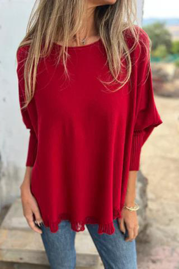 Solid Color Loose Long Sleeve Lace Knitted Sweater-consonak