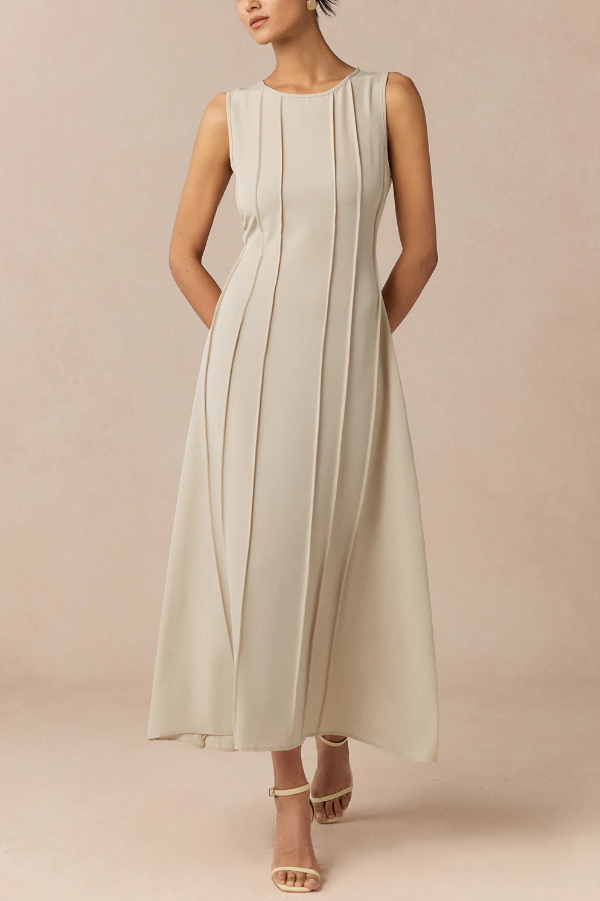 Solid Color Round Neck Sleeveless Elegant Pleated Casual Maxi Dress | Consonak