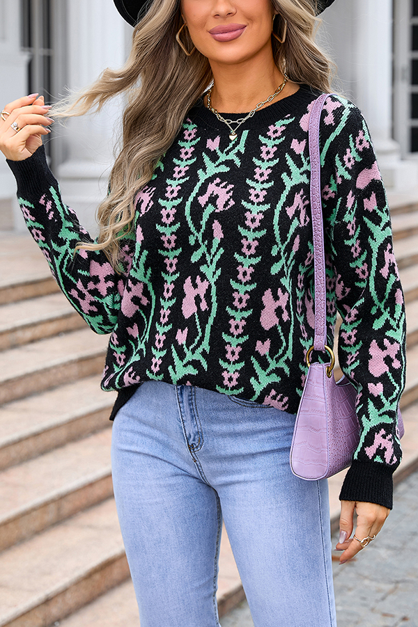 Fashionable Floral Knitted Crew Neck Casual Sweater-consonak