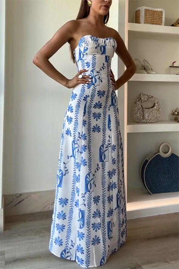 Freya Linen Blend Floral Wave Print Ruched Bust Strapless Maxi Dress-consonak