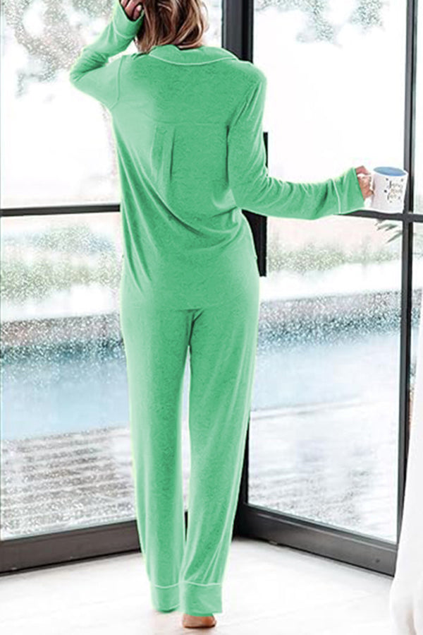 Home-style Loose-fitting Long-sleeved Pocket Shirt and Elastic Waist Casual Pants Set-consonak