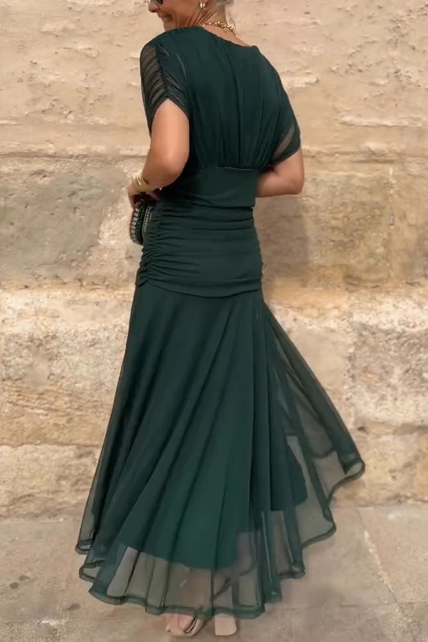 Unique Printed V-Neck Waisted Mesh Holiday Maxi Dress-consonak