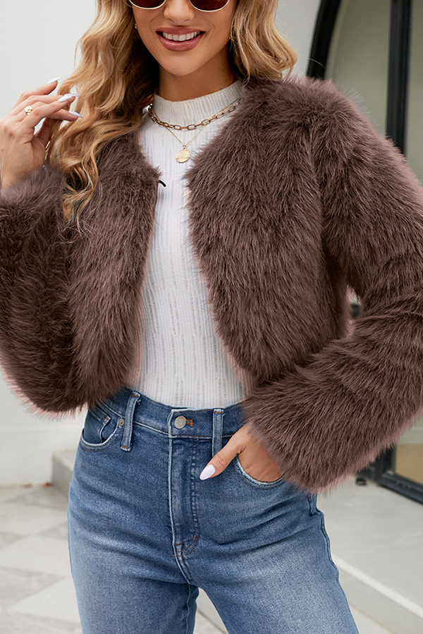 Stylish Long Sleeve Short Casual Faux Fur Jacket-consonak