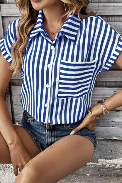 Striped Print Short Sleeve Pocket Shirt Top-consonak