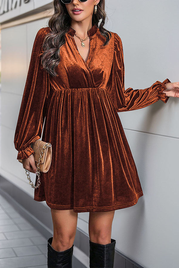Solid Color Velvet V-Neck Long Sleeve Loose Mini Dress-consonak
