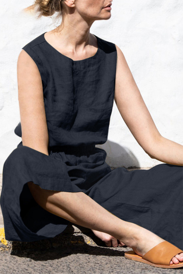 Fern Linen Blend Pocketed Button Back Elastic Waist Jumpsuit-consonak