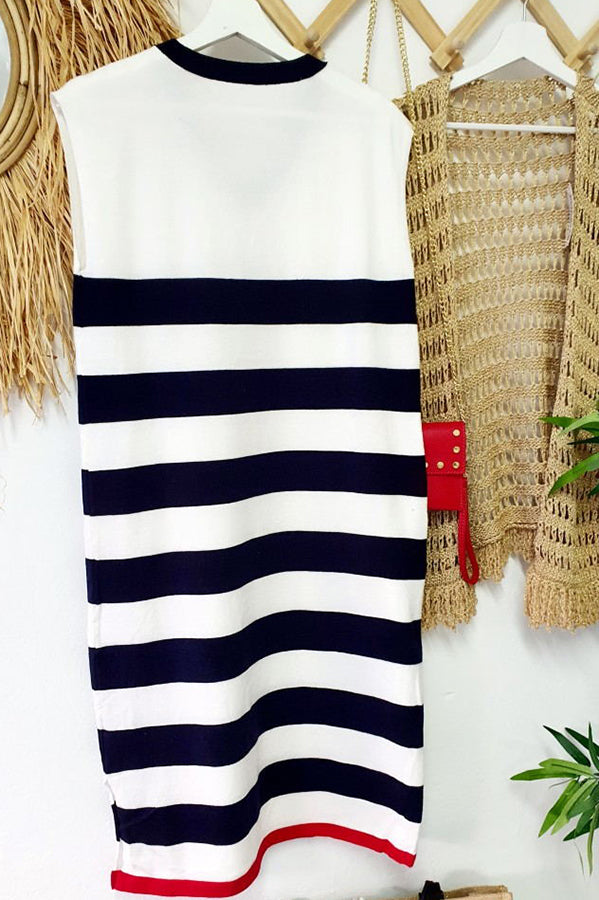 Cutest In The Room Striped V-neck Loose Slit Midi Dress-consonak