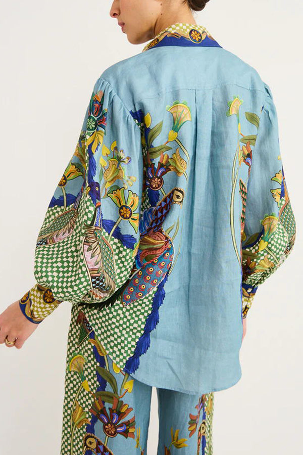 Sun Seeking Unique Heaven Bird Print Balloon Sleeve Button Loose Shirt-consonak