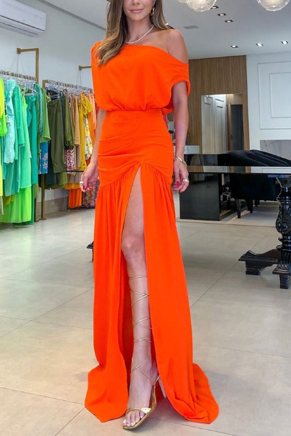 Midnight Chances One Shoulder Ruched Detail Slit Party Maxi Dress-consonak