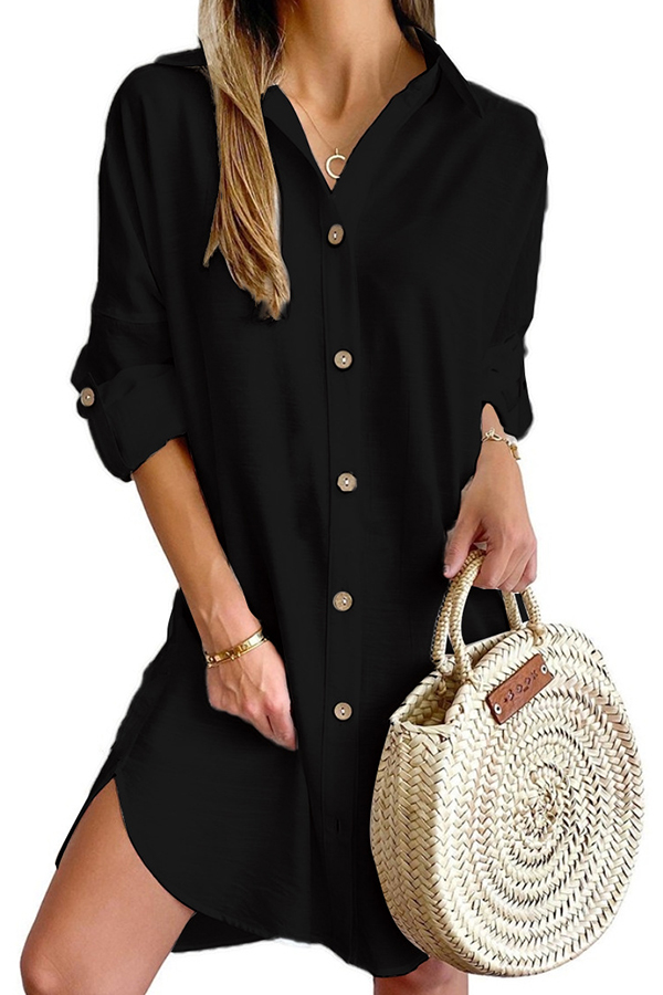 Solid Color Casual Button-Down Shirt Style Mini Dress-consonak