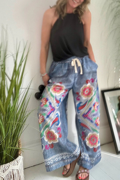 Hippie Style Unique Floral Denim Print Elastic Waist Pocketed Wide Leg Pants-consonak