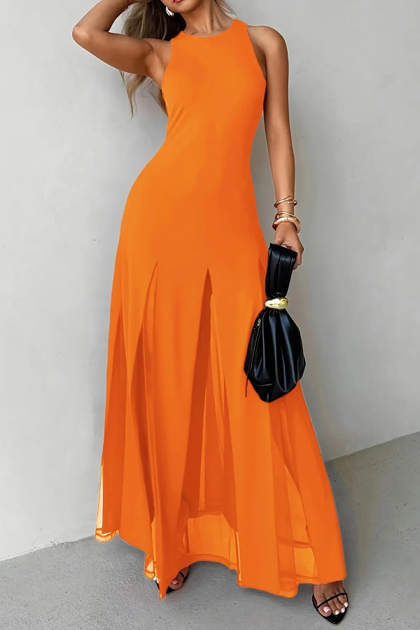 Solid Color Round Neck Sleeveless Slim Fit Sheer Patchwork Hem Maxi Dress | Consonak