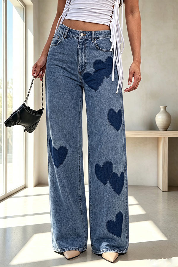 Retro Casual Denim Heart Print High Rise Pocket Wide Leg Jeans-Consonak