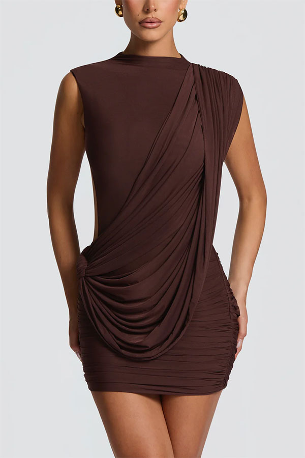 Mireya Mesh and Knit Fabric High Neck Diagonal Drape Backless Mini Dress | Consonak