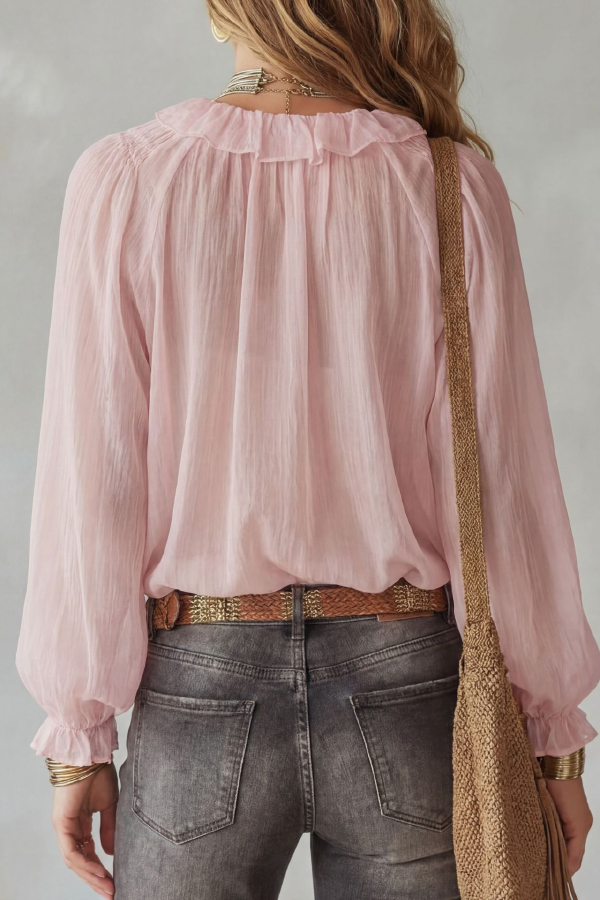 Stylish Long-sleeved V-neck Tie Loose Shirt Top