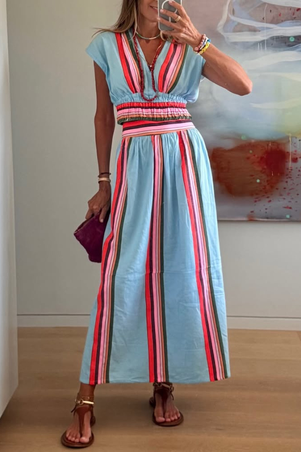 Stylish Striped Print V-neck Cropped Top and Elastic Waist Casual Maxi Skirt Set-consonak
