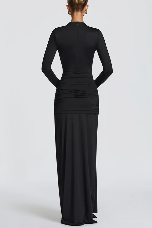 Sexy Cutout Fitted Long-sleeved Pleated Satin Ribbon Maxi Dresses-consonak