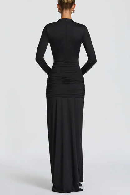Sexy Cutout Fitted Long-sleeved Pleated Satin Ribbon Maxi Dresses-consonak