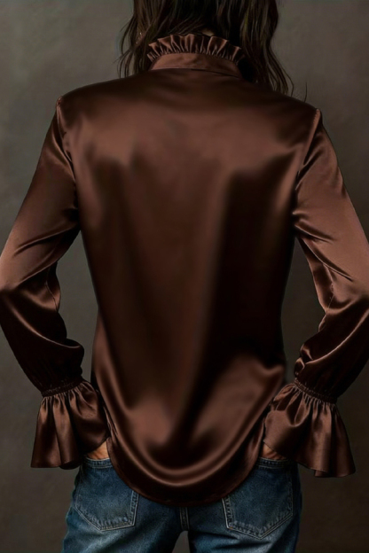 Solid Color Satin Casual Long-sleeved Button-down Shirt-consonak