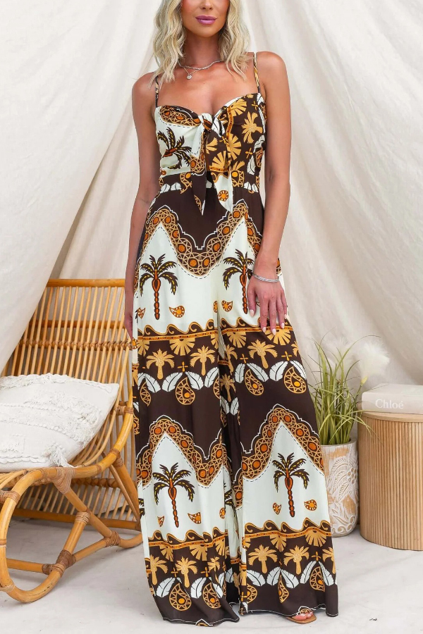 Unique Print Casual Spaghetti Strap High Waist Resort Loose Wide Leg Jumpsuit | Consonak