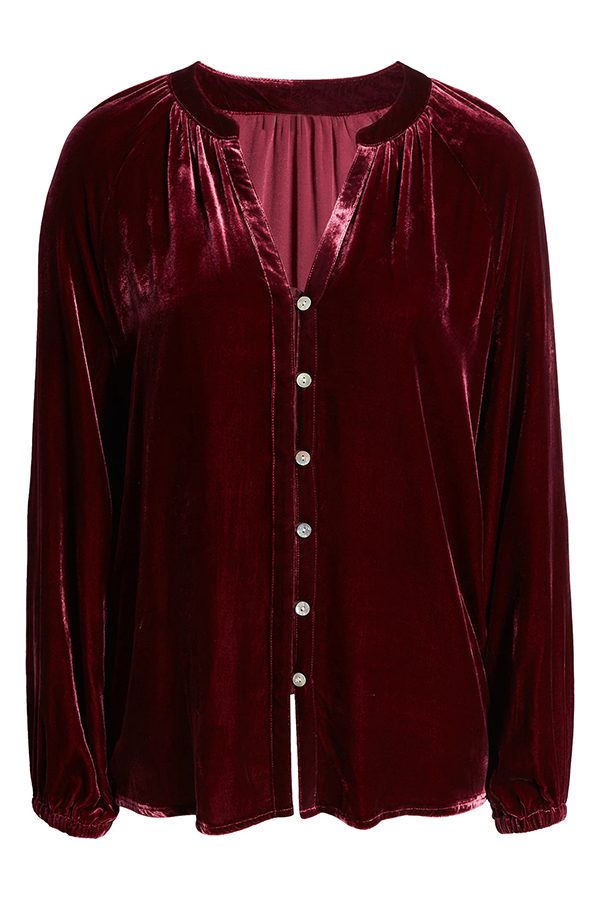 Solid Color Velvet V-neck Long-sleeved Shirt-consonak
