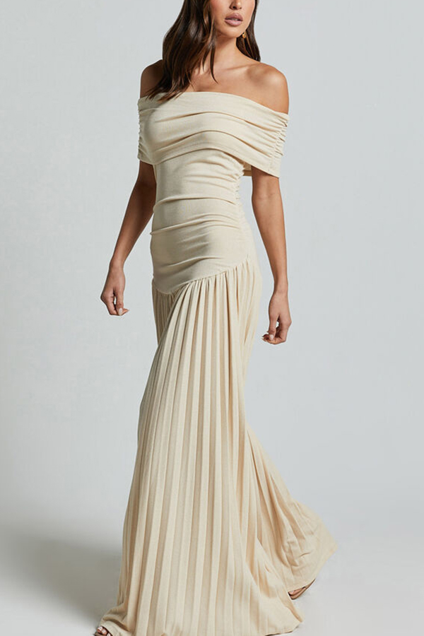 Sexy Off-shoulder Slim Fit Pleated Maxi Dress-consonak