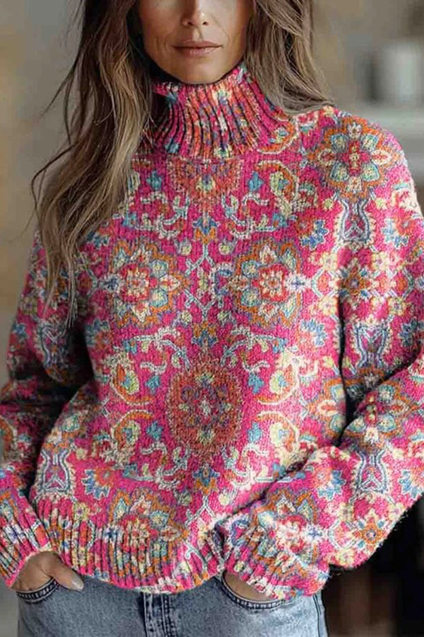 Floral Pattern High-Neck Long-Sleeved Loose Sweatshirt-consonak