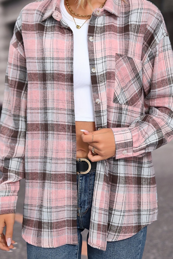 Stylish Plaid Collared Long-sleeved Pockets Casual Loose Shirt