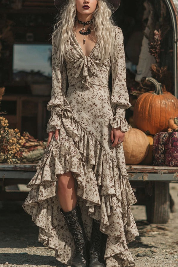 Floral Print V-neck Long-sleeved Irregular Ruffle Maxi Dress-consonak
