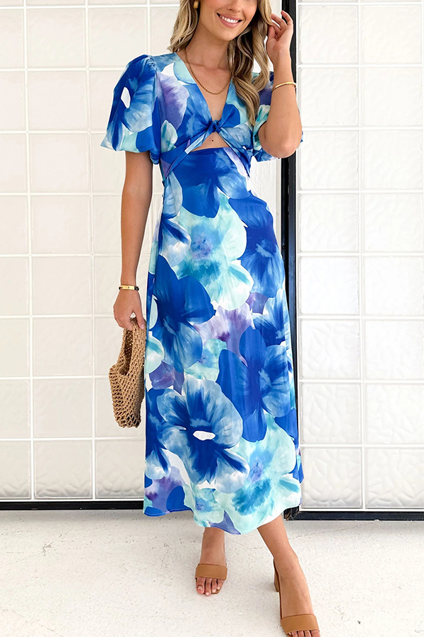 Sophia Floral Print Satin Puff Sleeve Twist Bust Cutout Midi Dress-consonak
