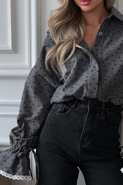 Fashionable Love Polka Dot Lapel Lace Cuffs Casual Shirt-consonak