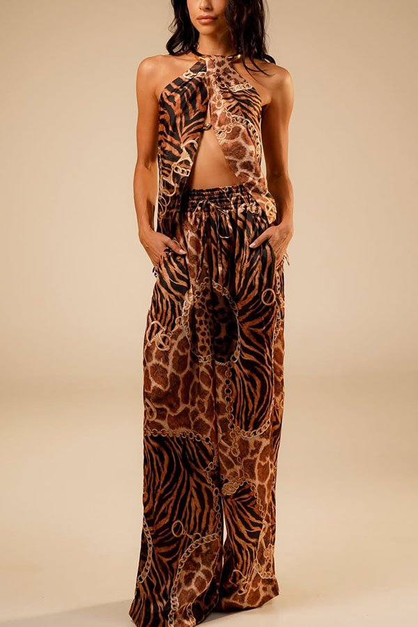 Laine Animal Paisley Print Metal Ring Halter Slit Tank and Elastic Waist Pocket Loose Pants Set-consonak