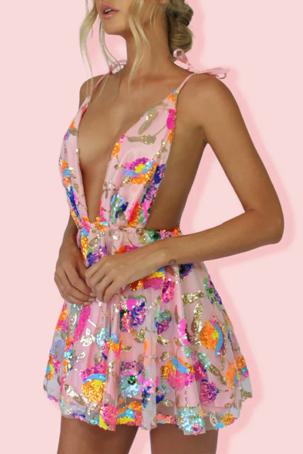 V Neck Open Back Sequined Floral Tie A Line Mini Dress-consonak