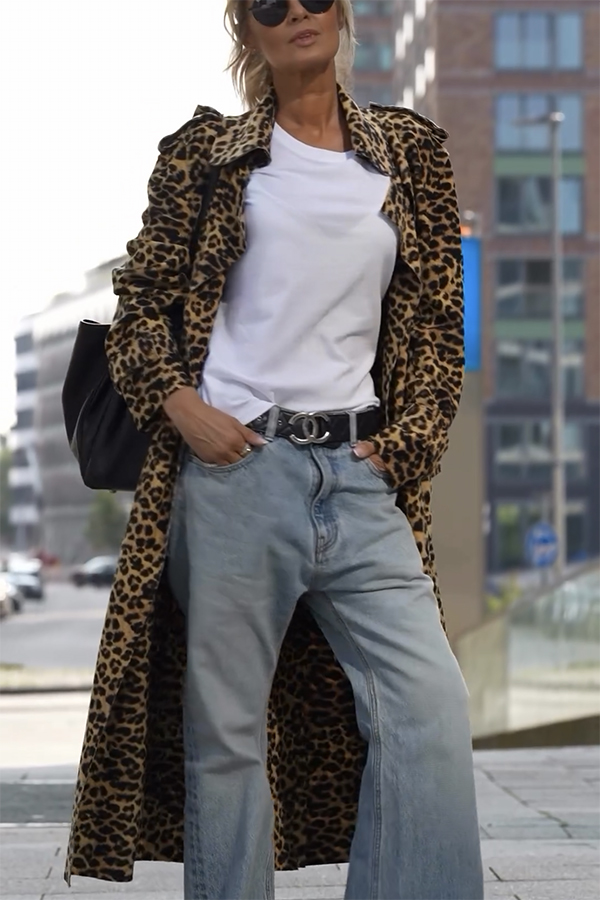Be Free Velvet Leopard Print Long Sleeve Loose Midi Trench Coat | Consonak