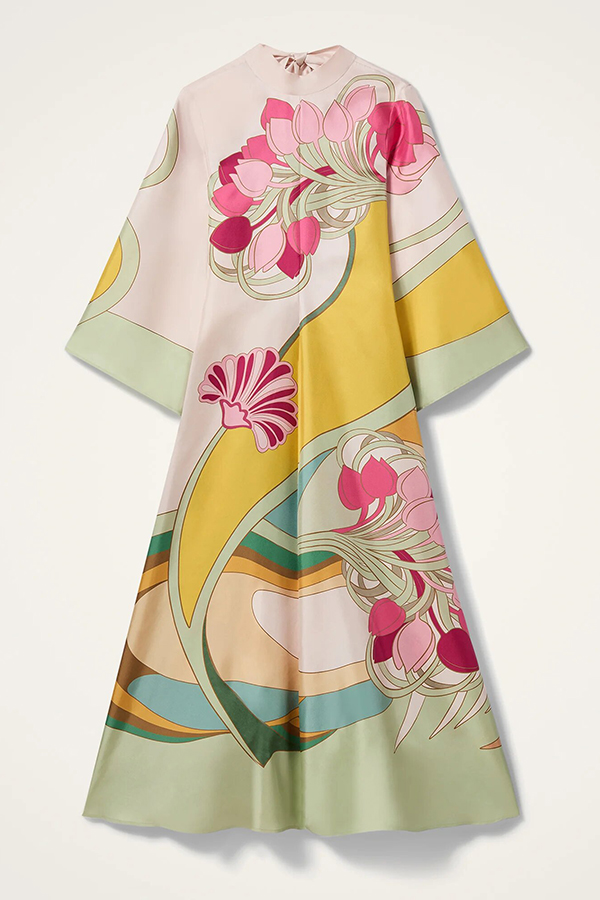 Darla Satin Colorful Baroque Style Printed Tie-up Neck Bell Sleeve Maxi Dress-Consonak