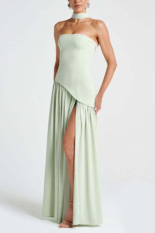 consonak Strapless Back Lace-up High Slit Splice Maxi Dress-consonak