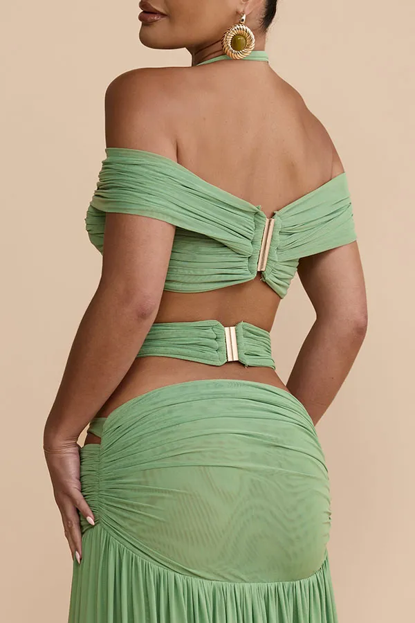 Green Off Shoulder Halter Ruched Two Piece Maxi Skirt Set Sexy Cut Out Resort Dress | Consonak