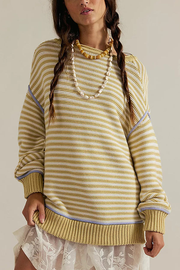 Striped Knit Loose-fitting Crew Neck Long-sleeved Casual Sweater-consonak